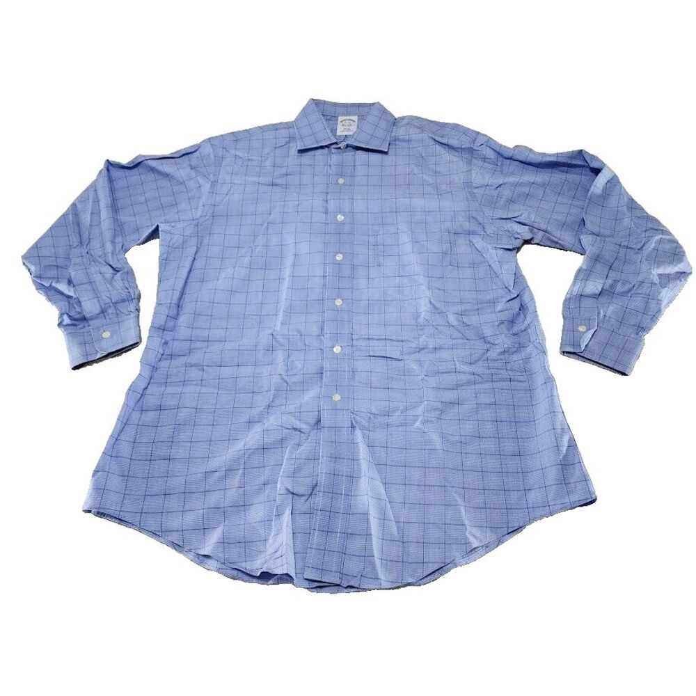 Brooks Brothers Men Sz 16.5 35 Slim Fit Blue Plaid Long Sleeve Button Up No Iron